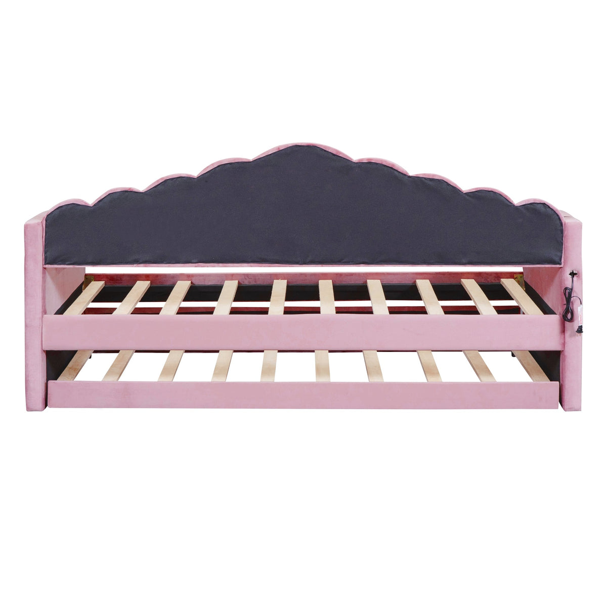 Roomfitters Twin Upholstered Daybed with Trundle, Velvet Sofa Bed with USB Charging Ports, No Box Spring, Pink