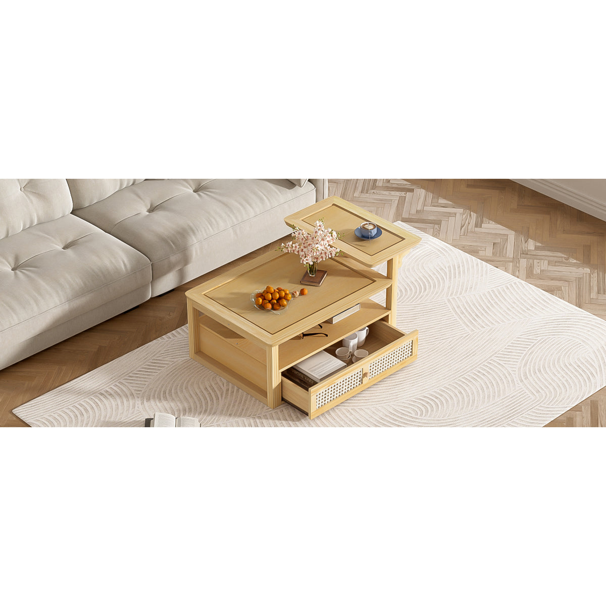 variant-group:rf-n724p232190n|Roomfitters Modern Coffee Table with Open Shelf, Dual Tabletops and Rattan Accent Storage, Natural