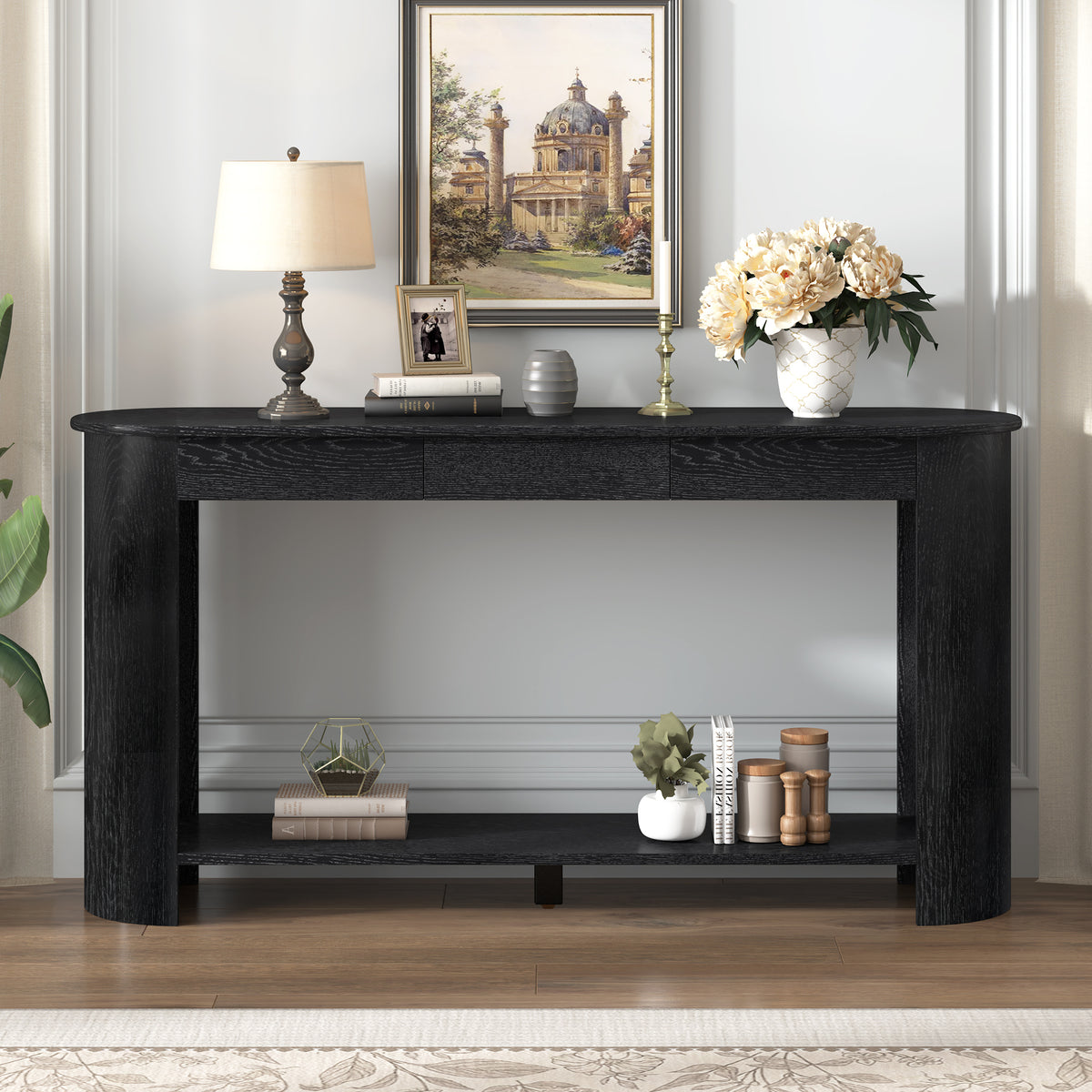 variant-group:rf-n711p395523b|Roomfitters Modern Farmhouse Black Oak Veneer Semi-Circular Console Table with 3 Drawers and Open Bottom Storage Shelf