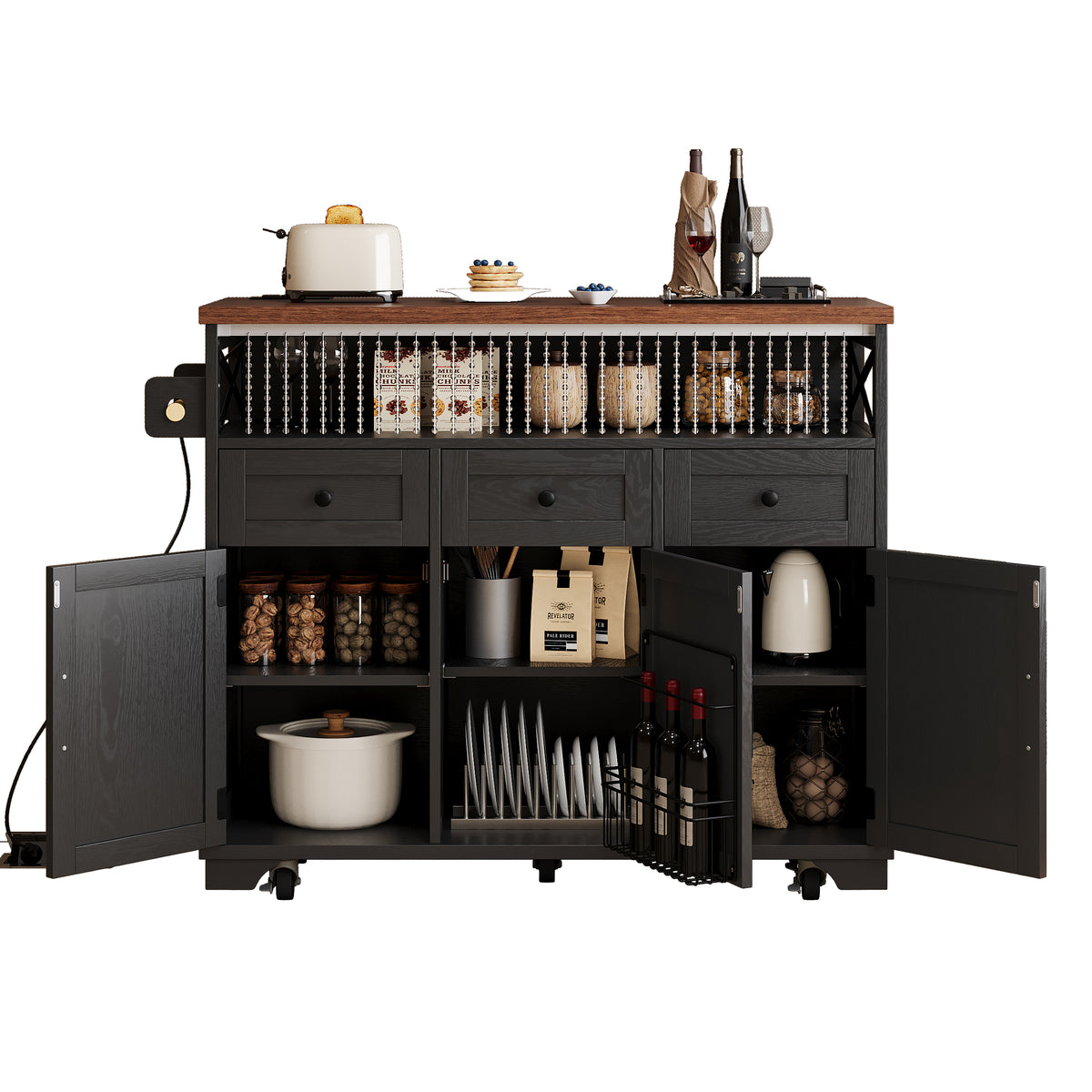 variant-group:rf-n707p254872b|Roomfitters 46.5" Rolling Kitchen Island with Drop Leaf, Mobile Cart with 2 AC Outlets & USB, Beaded Drape & 3 Drawers, Black