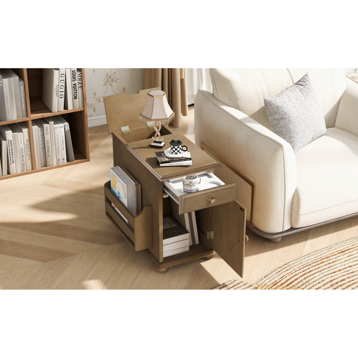 variant-group:rf-n724p293133d|Roomfitters Vintage Sofa Side Table with USB Ports, Flip Top, Cup Holders and Bookshelf Storage for Small Spaces, Brown