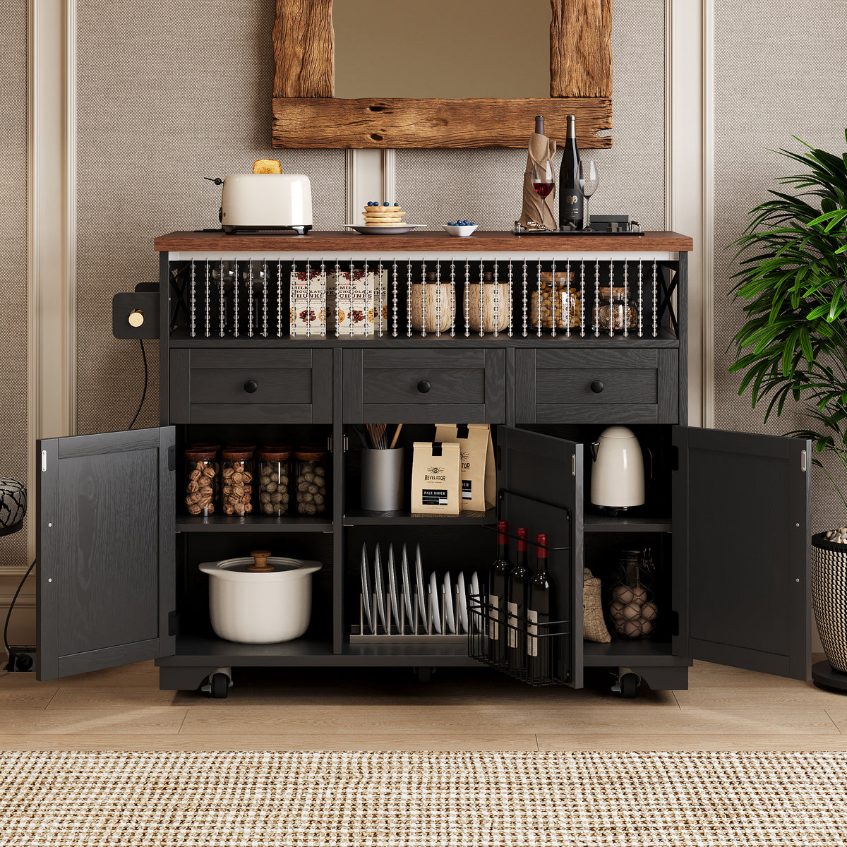 variant-group:rf-n707p254872b|Roomfitters 46.5" Rolling Kitchen Island with Drop Leaf, Mobile Cart with 2 AC Outlets & USB, Beaded Drape & 3 Drawers, Black
