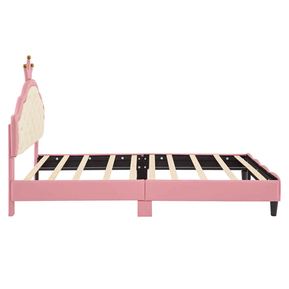 variant-group:rf-n733p198760h|Roomfitters Twin Size Upholstered Princess Bed with Crown Design, Elegant PU Leather Platform Bed with Tufted Headboard for a Stylish Bedroom, Pink + Cream