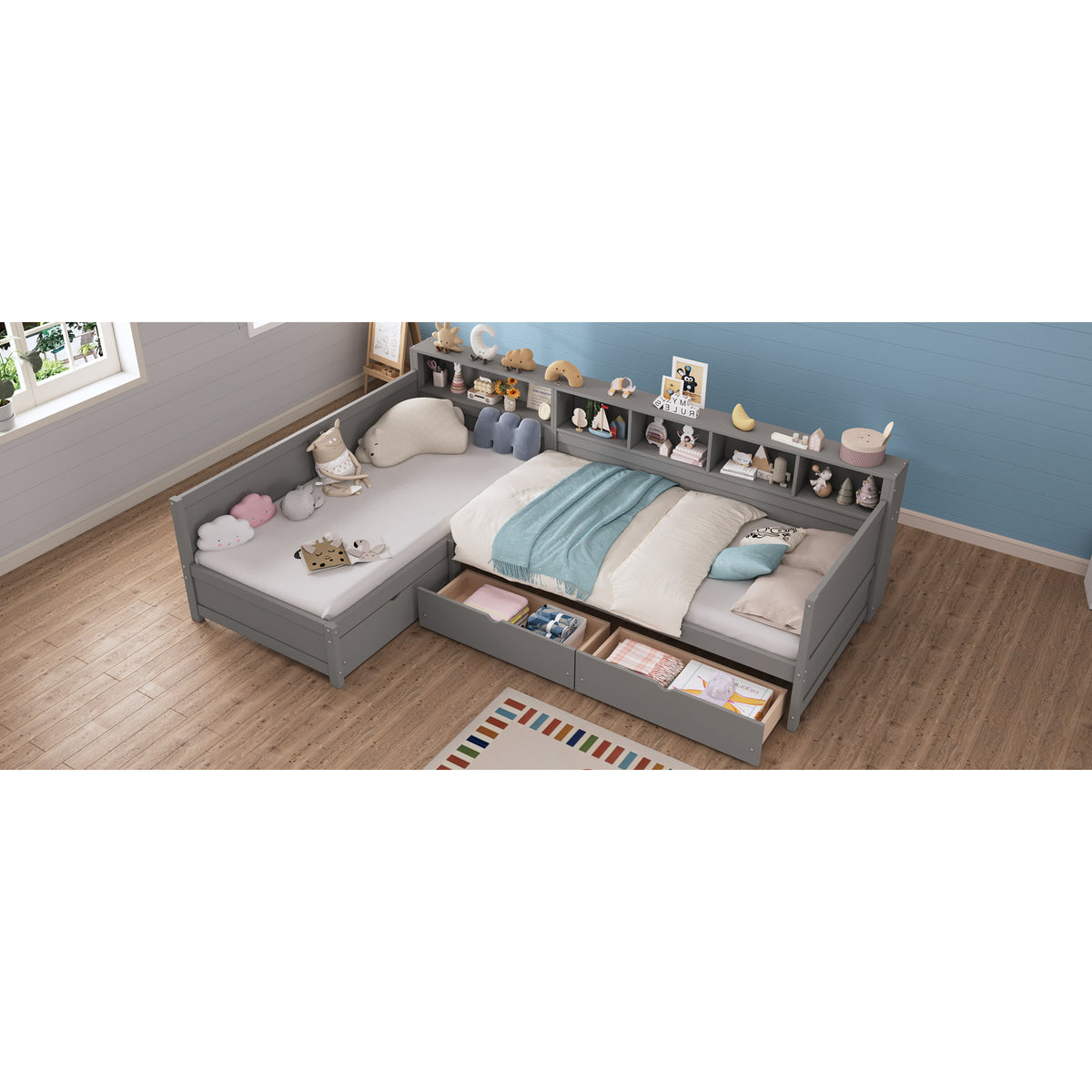 variant-group:rf-n733s369272e|Roomfitters Twin L-Shaped Daybed for 2 with 3 Storage Drawers, Wooden Corner Bed Frame with Bookshelf for Bedroom, Gray