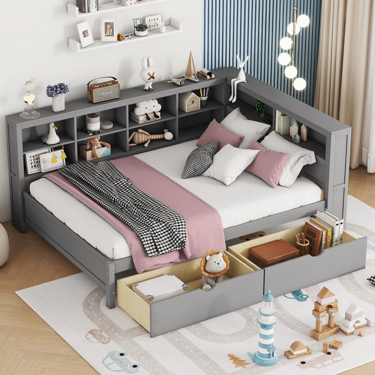 Roomfitters Wooden Full Size Daybed with Versatile Storage Shelf and USB Charging Ports, Functional Design for Modern Living, Grey