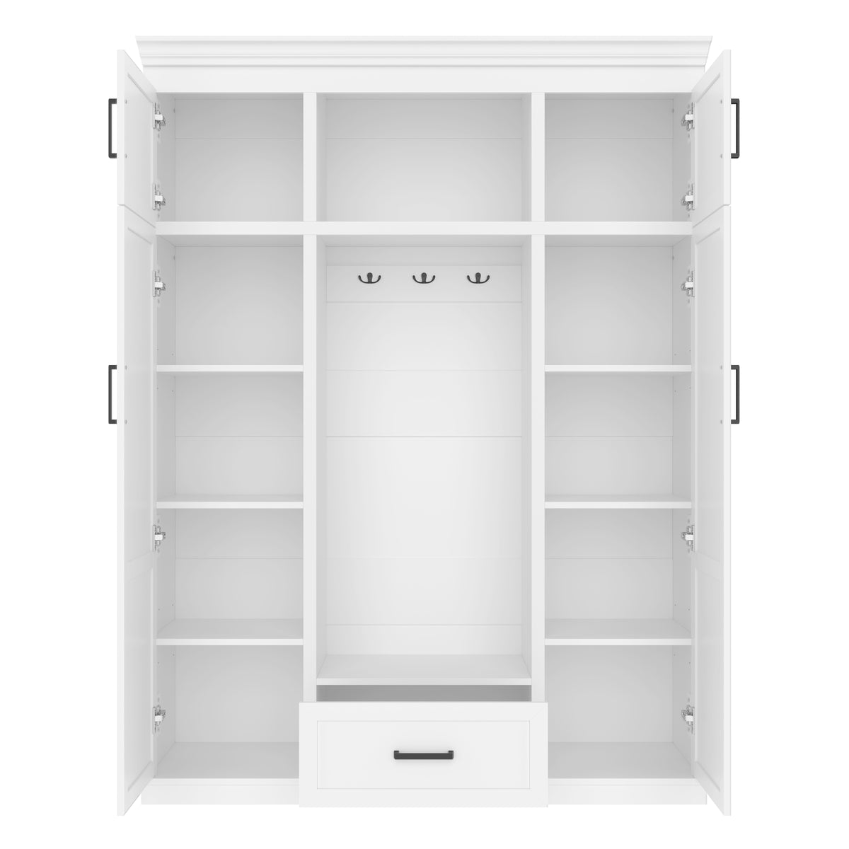 variant-group:rf-n724sj000140aak|Roomfitters 85.2" Hall Tree with Bench, 3 Hooks, 4 Doors, 1 Drawer and Adjustable Storage Shelves, White