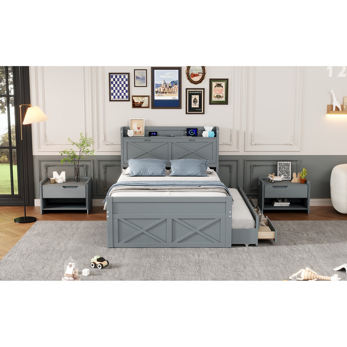 variant-group:rf-n733s172712e|Roomfitters Full Size Wooden Bed with Storage Headboard, Built-In Outlets, Extendable Design with Twin Trundle and Practical Storage, Gray