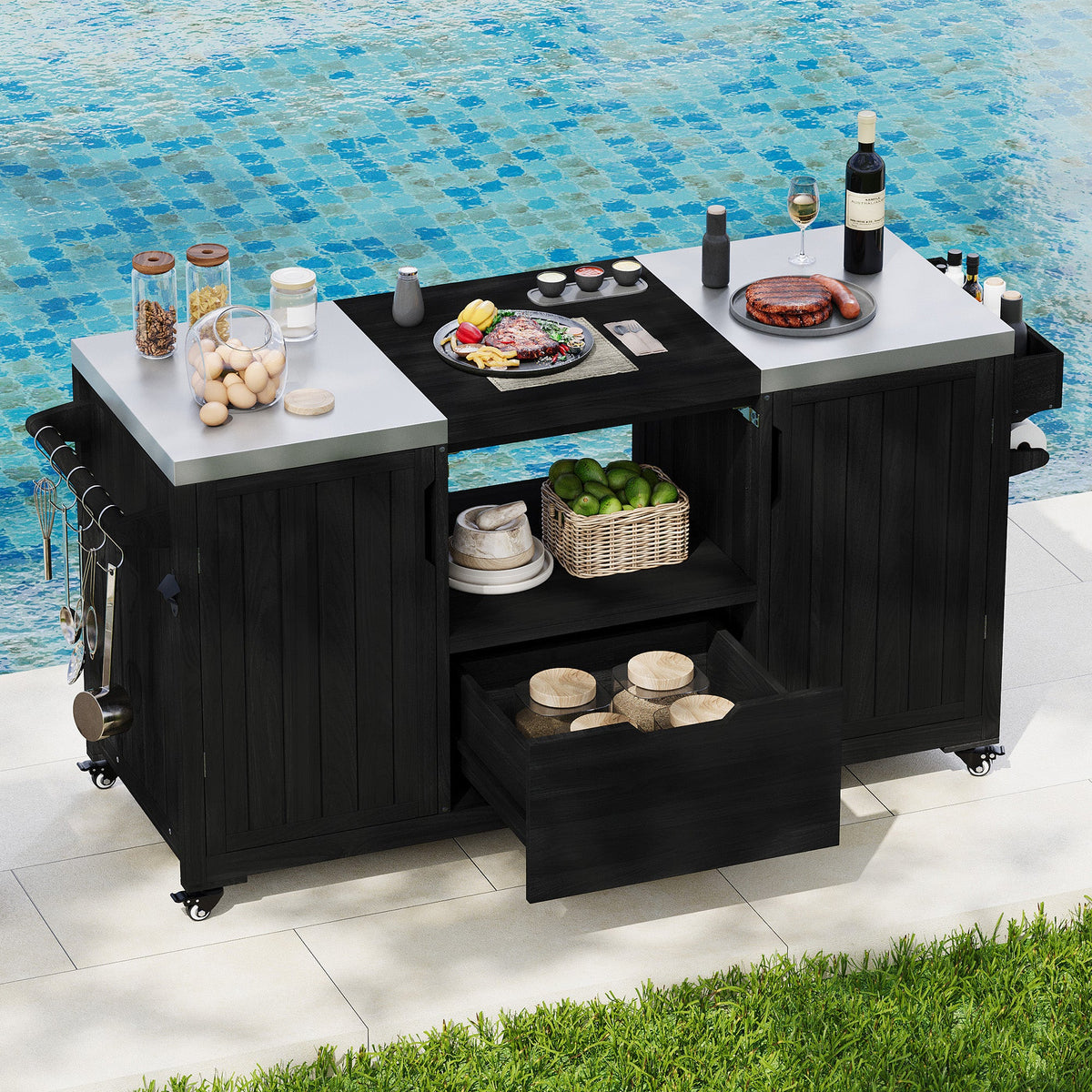 Roomfitters 66.5" Outdoor Grill Cart for Large Big Green Egg & Kamado Joe, Kitchen Island with Stainless Steel Top, Black