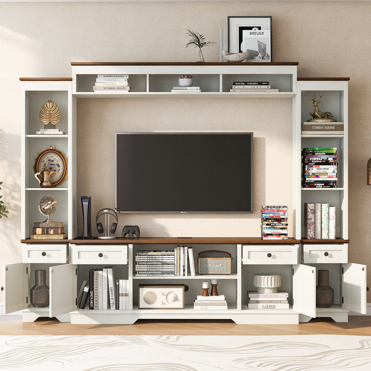 variant-group:rf-n724sj000154aak|Roomfitters 98.8"W Farmhouse Wall Unit Entertainment Center, 4 Barn Doors, White & Walnut
