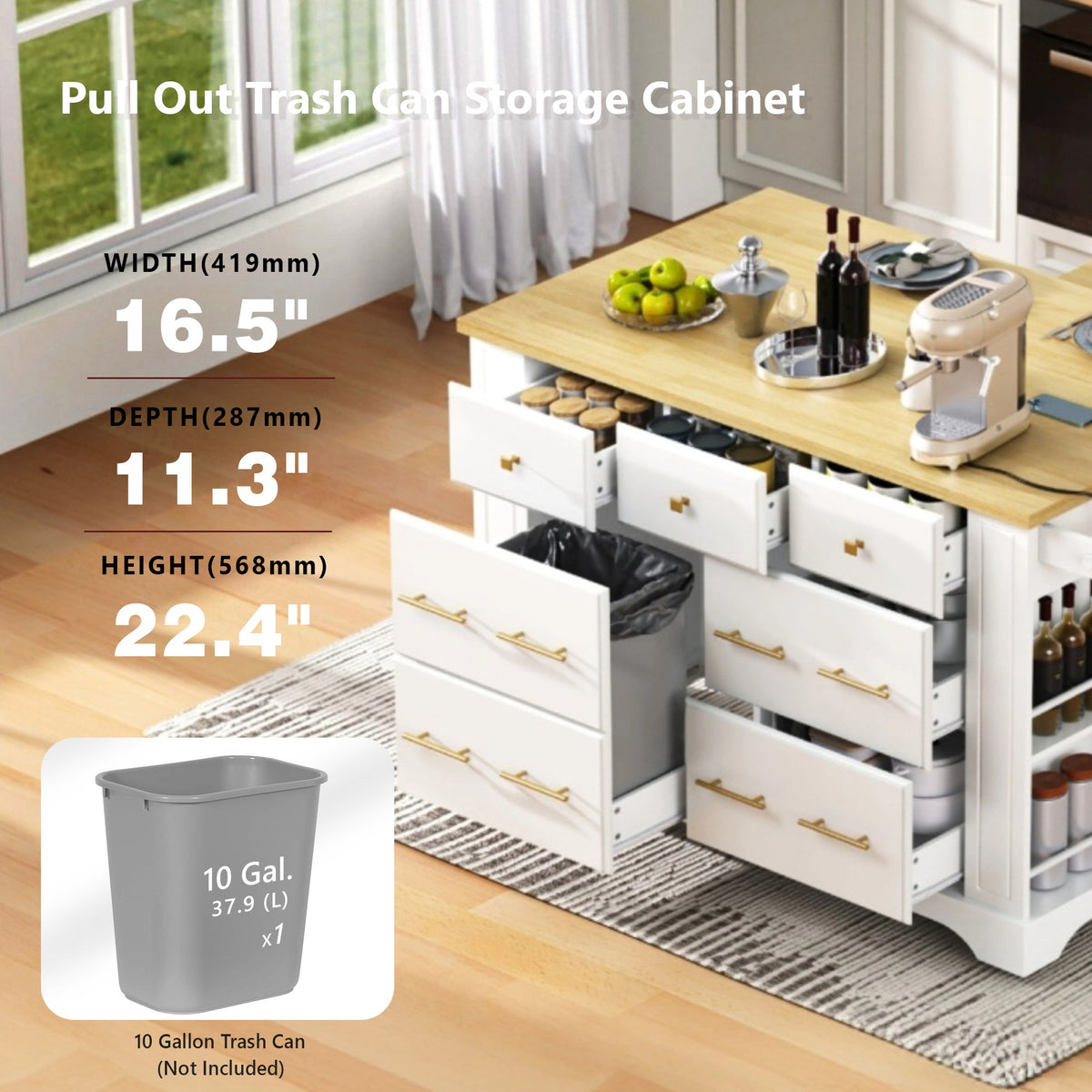 variant-group:rf-n707s307292w|Roomfitters 51" Kitchen Island with Power Outlet and Drop Leaf, Rolling Cabinet with Pull-Out Trash Can Drawer, White