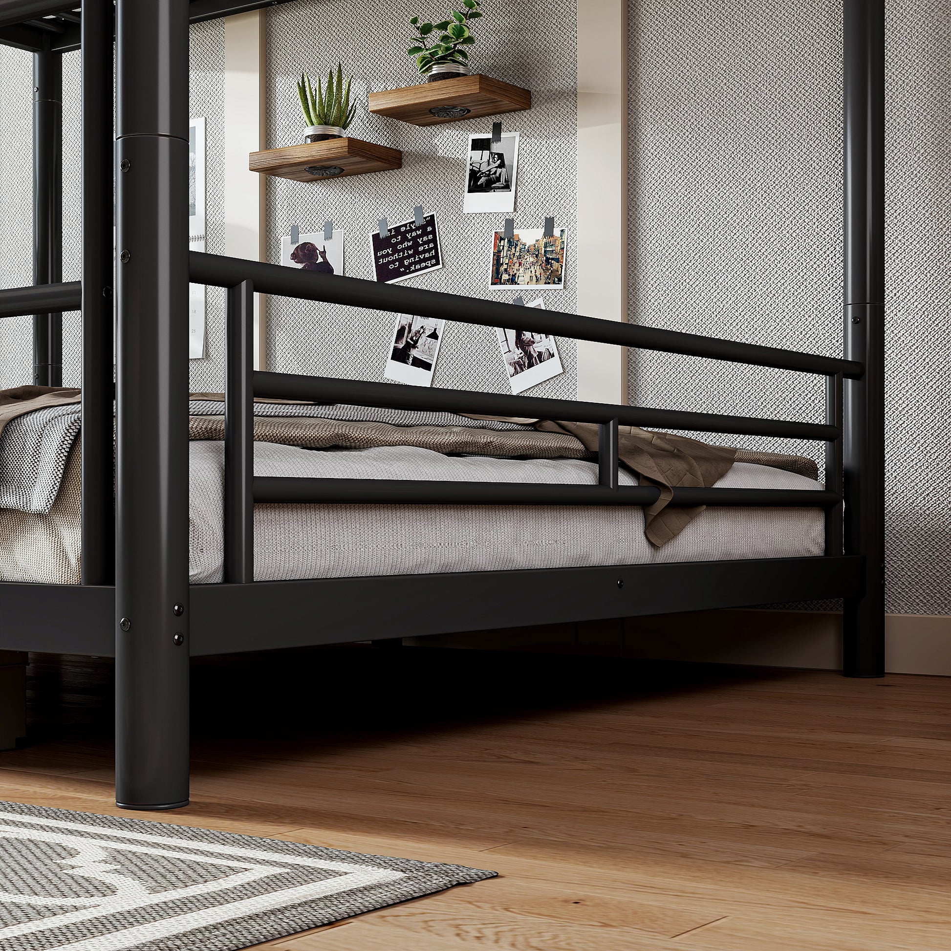 variant-group:rf-w1580s00607|Roomfitters Queen over Queen Metal Bunk Bed Frame for Teens Adults, Convertible 2 Separate Beds Round Tube, Black