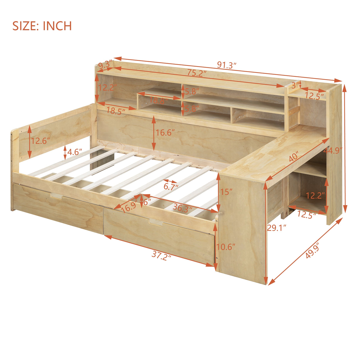variant-group:rf-n733s241484m|Roomfitters Wooden Twin Size Daybed with Storage Shelves, Multi-functional Bed with Two Storage Compartments and Study Desk, Natural