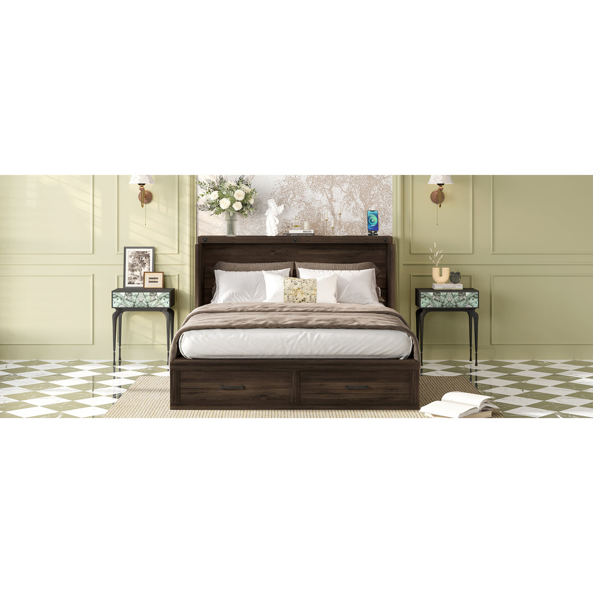variant-group:rf-n733s361778g|Roomfitters Queen Farmhouse Murphy Cabinet Bed with Charging Station, Foldable Platform Bed with Storage Drawer, Rustic Gray
