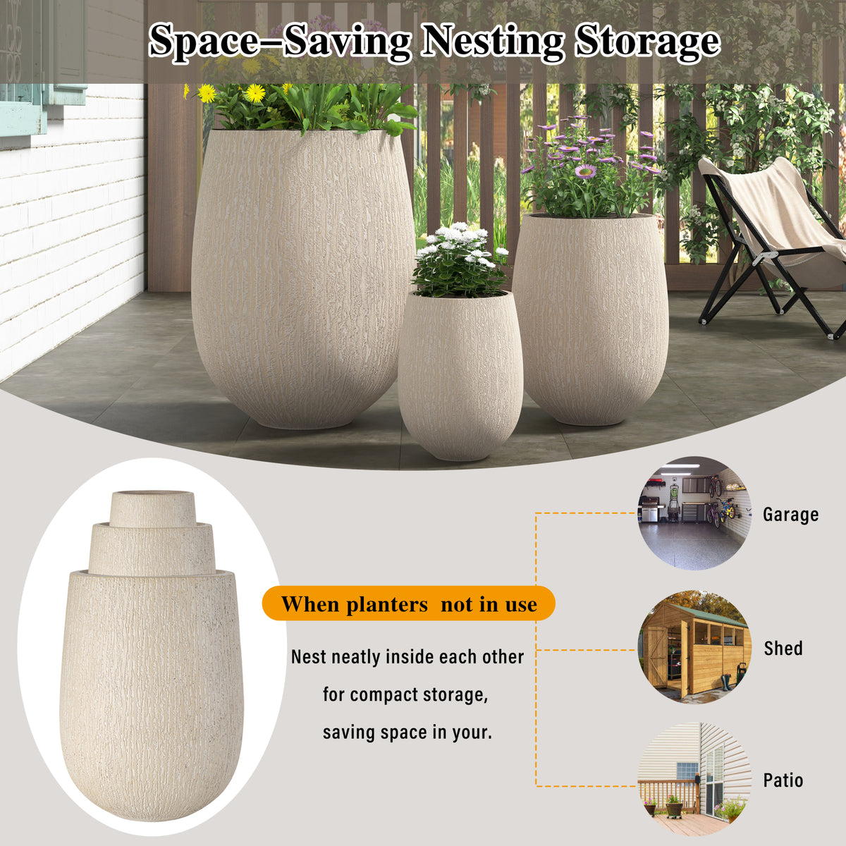 variant-group:rf-n711p406659a|Roomfitters Modern Egg-Shaped MGO Planter Set, 3-Piece Textured Faux Stone Flower Pots, Beige Patio Garden Urns