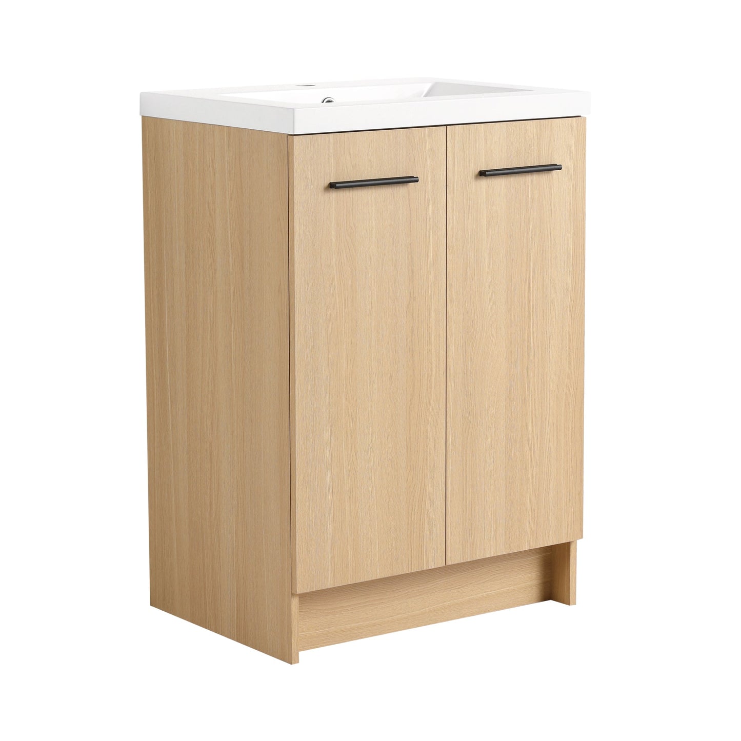 24" Freestanding Bathroom Vanity with Resin Sink, Light Oak, Double Door Storage, KD (Ready-to-Assemble), Includes Black & Brushed Aluminum Handles Roomfitters