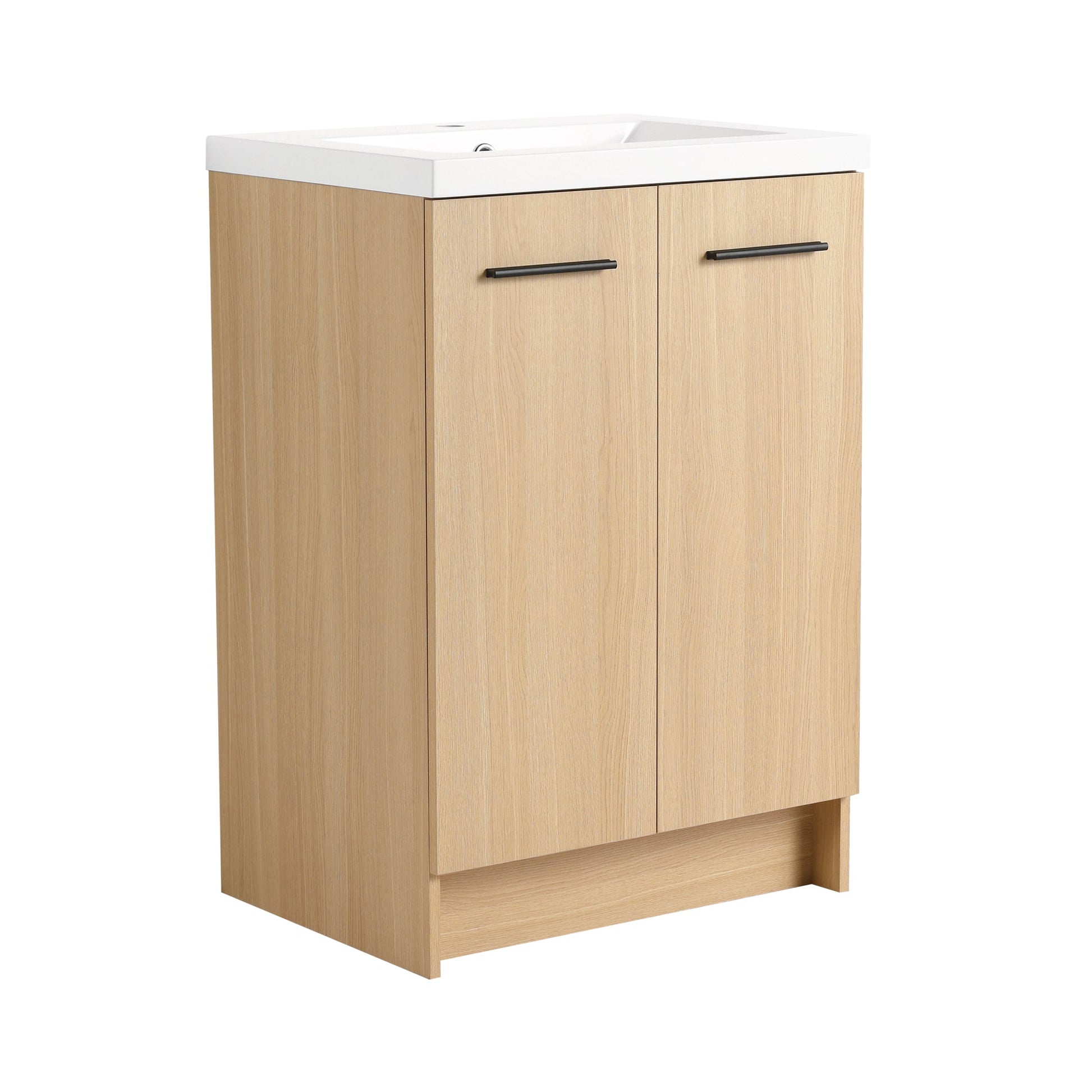 24" Freestanding Bathroom Vanity with Resin Sink, Light Oak, Double Door Storage, KD (Ready-to-Assemble), Includes Black & Brushed Aluminum Handles Roomfitters
