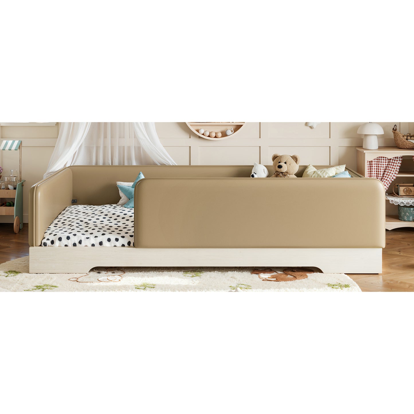 variant-group:rf-w1580p493126|Roomfitters Twin Size Upholstered Floor Bed Frame with Removable Guardrails, Faux Leather Low Profile Platform, Brown