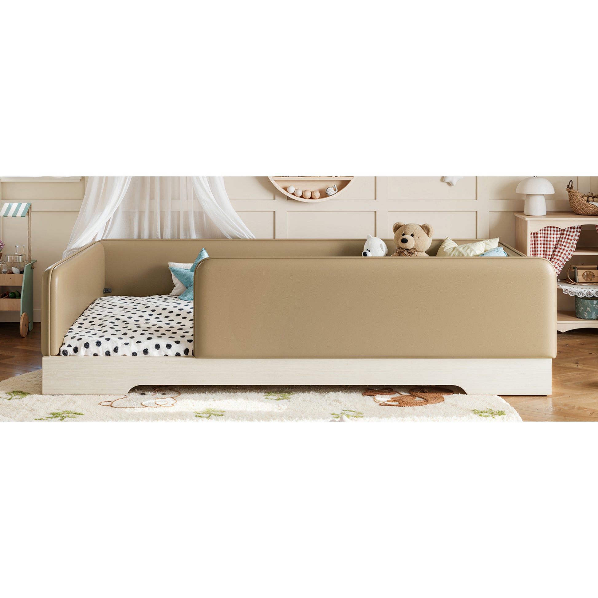 variant-group:rf-w1580p493126|Roomfitters Twin Size Upholstered Floor Bed Frame with Removable Guardrails, Faux Leather Low Profile Platform, Brown