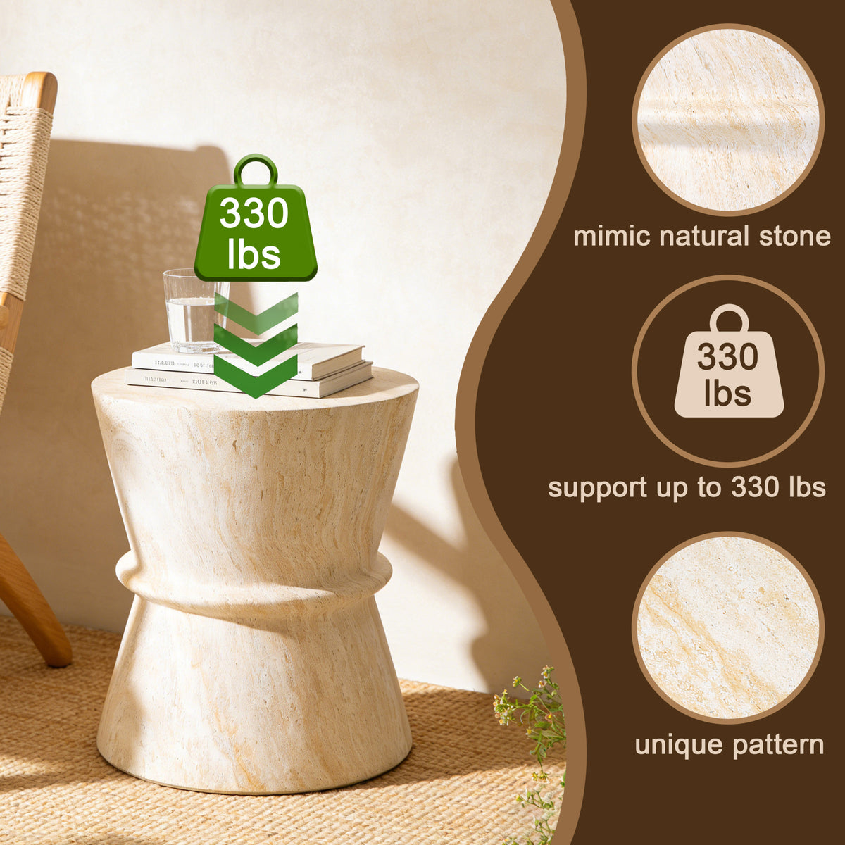 variant-group:rf-n711p422072m|Roomfitters Mid-Century Beige Hourglass Outdoor Side Table, Lightweight Concrete Accent Table, Modern MgO Garden End