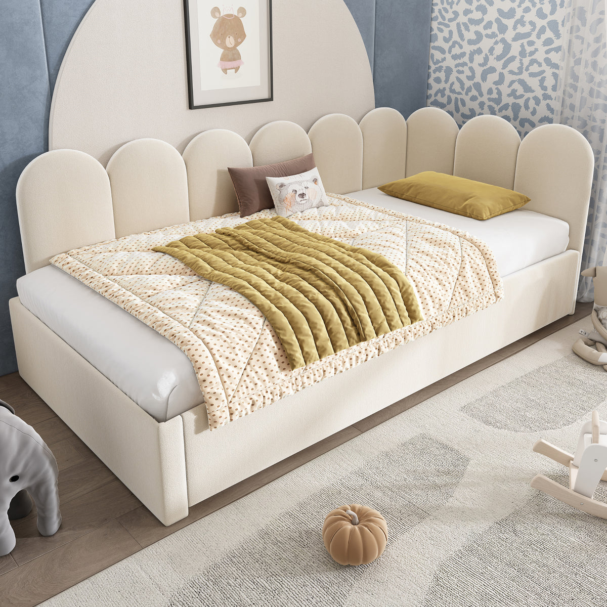 variant-group:rf-n736aa20362122b|Roomfitters Velvet Upholstered Twin Daybed with Pull Out Trundle, Sofa Bed with Metal Slat Frame, Beige