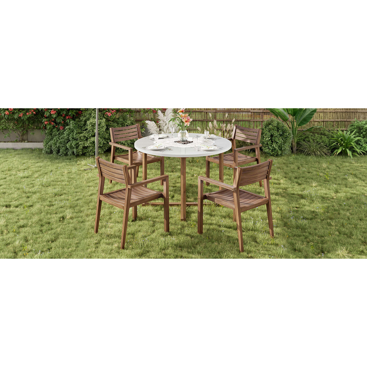 variant-group:rf-n711wy000475aad|Roomfitters 5-Piece Outdoor Dining Set for 4, 47.2-Inch Round Acacia Wood Table, Light Grey Slatted Patio Group