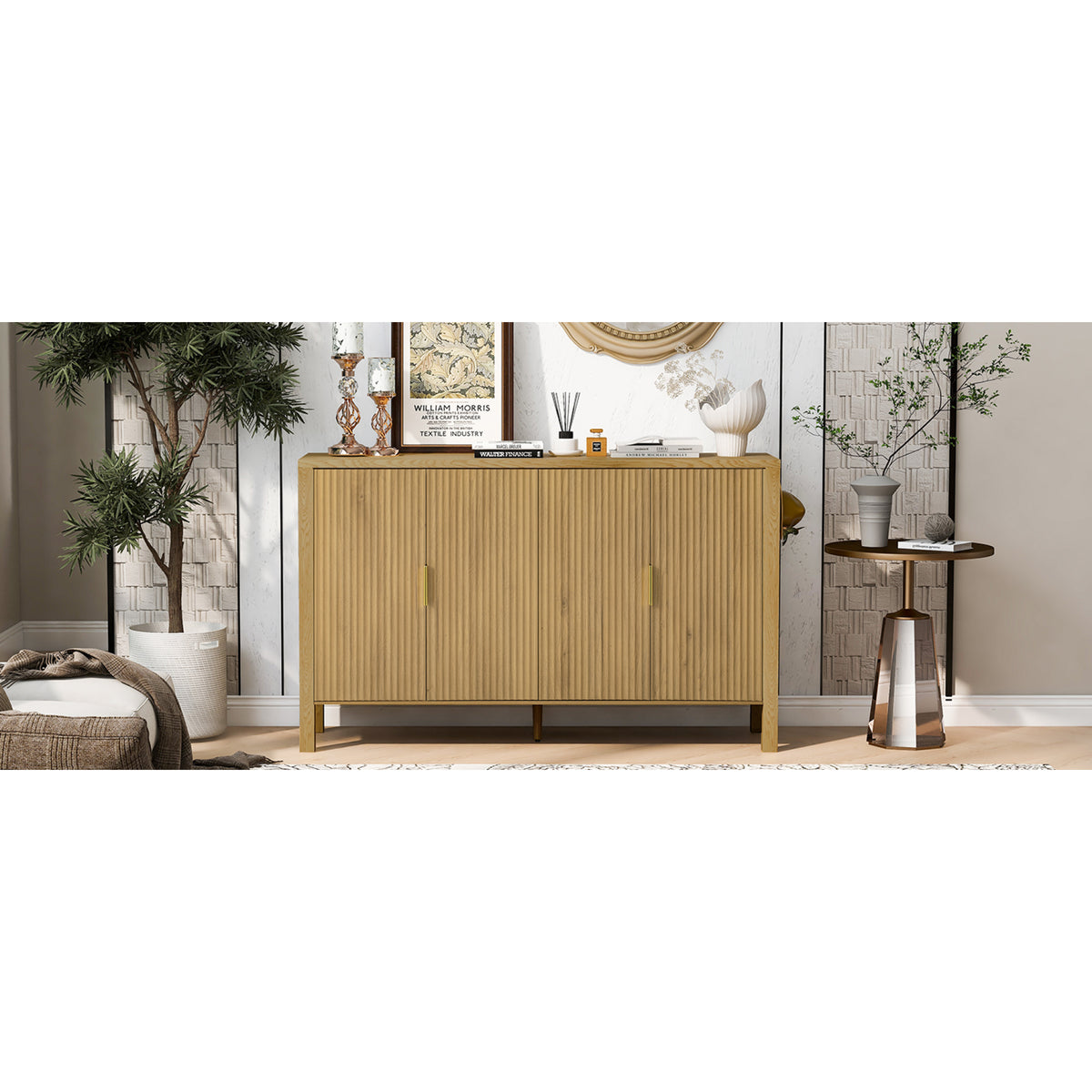 variant-group:rf-n711p345170o|Roomfitters 57.5" Sideboard Buffet Cabinet with 3 Door Mid-century Modern Fluted Storage for Kitchen & Dining Room, Natural