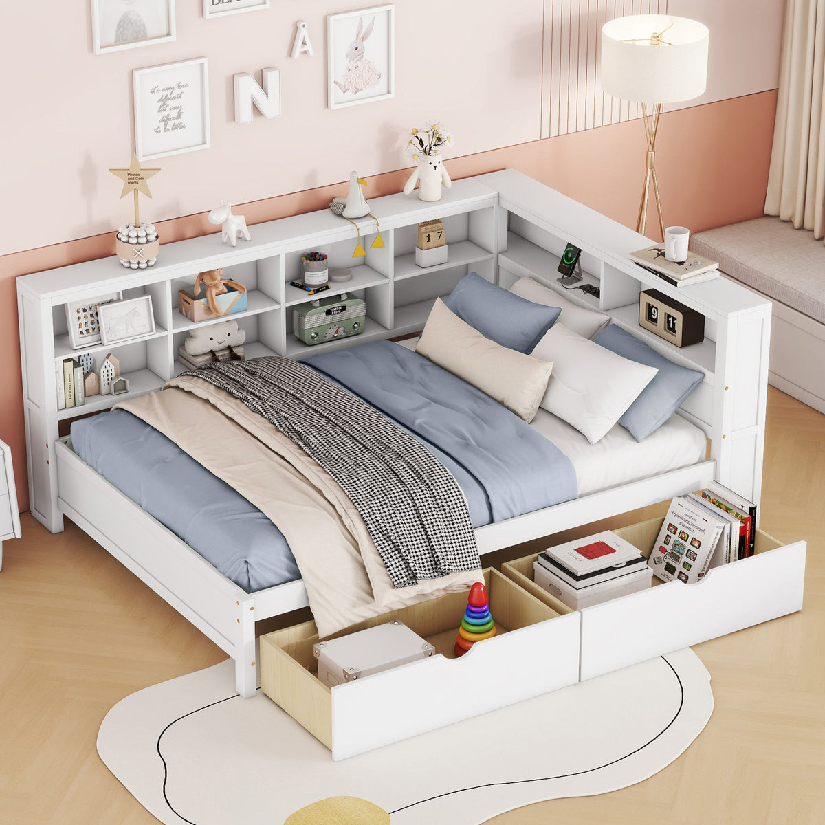 Roomfitters Wooden Full Daybed with Underbed Storage, Built-In Shelf & USB Charging Ports, White