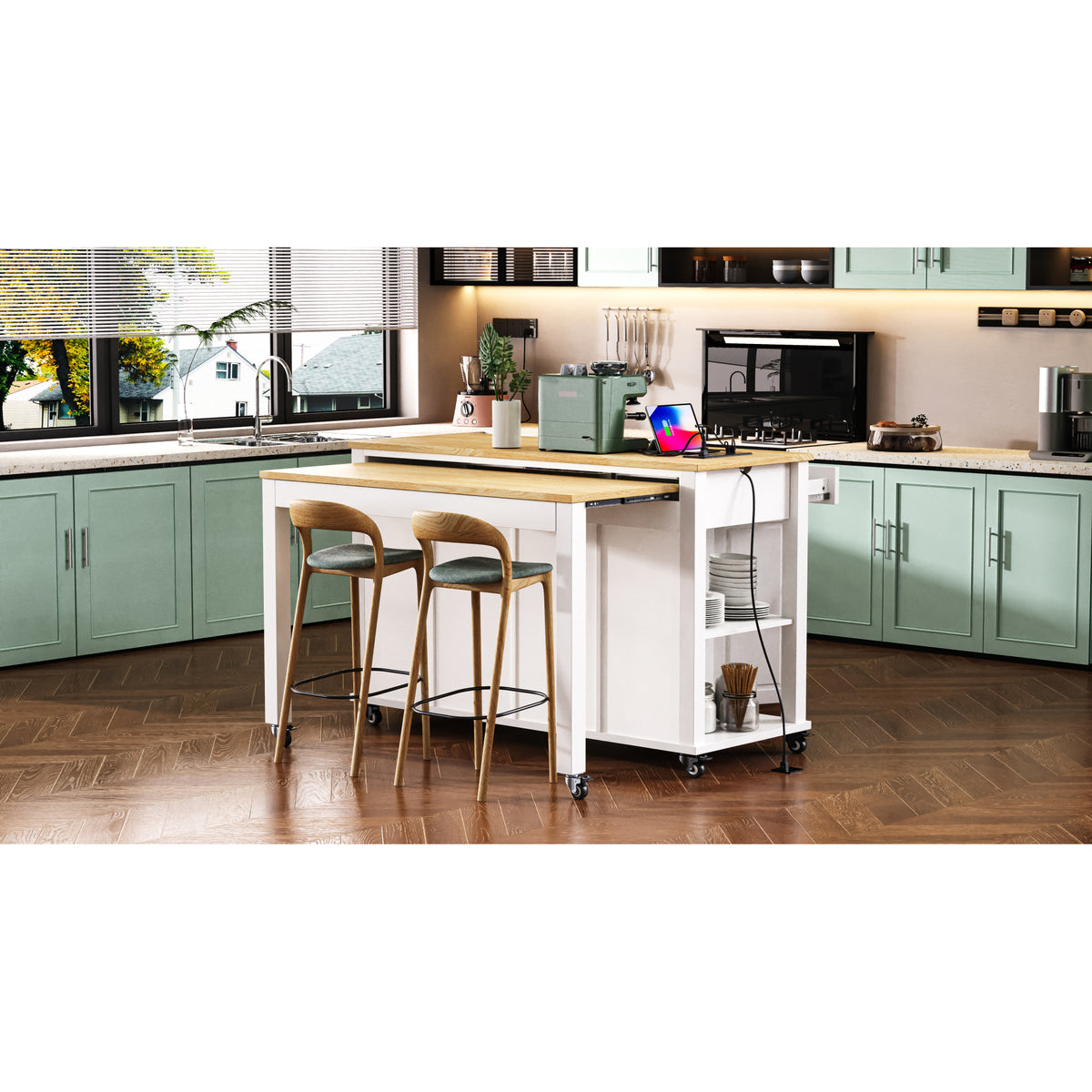 variant-group:rf-n707p215327w|Roomfitters 47" Kitchen Island with Extendable Dining Table, Storage Cabinet, Power Outlet, Rubber Wood Veneer, White