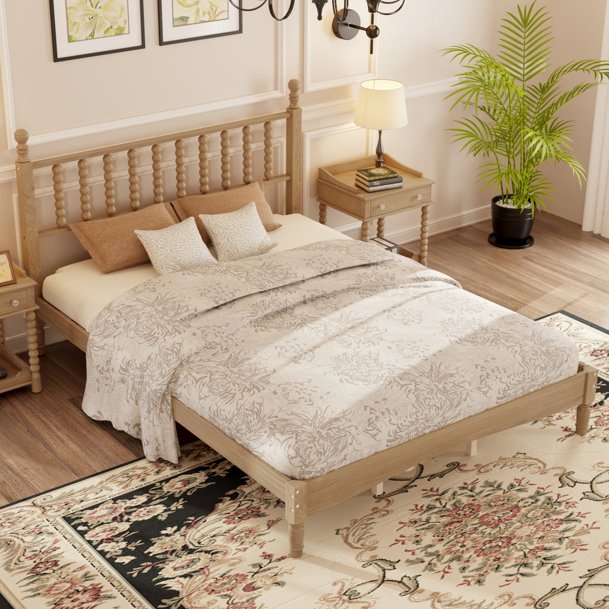 variant-group:rf-n733p206242m|Roomfitters Queen Size Wood Platform Bed with Gourd Shaped Headboard, Retro Style Platform Bed with Wooden Slat Support, Natural