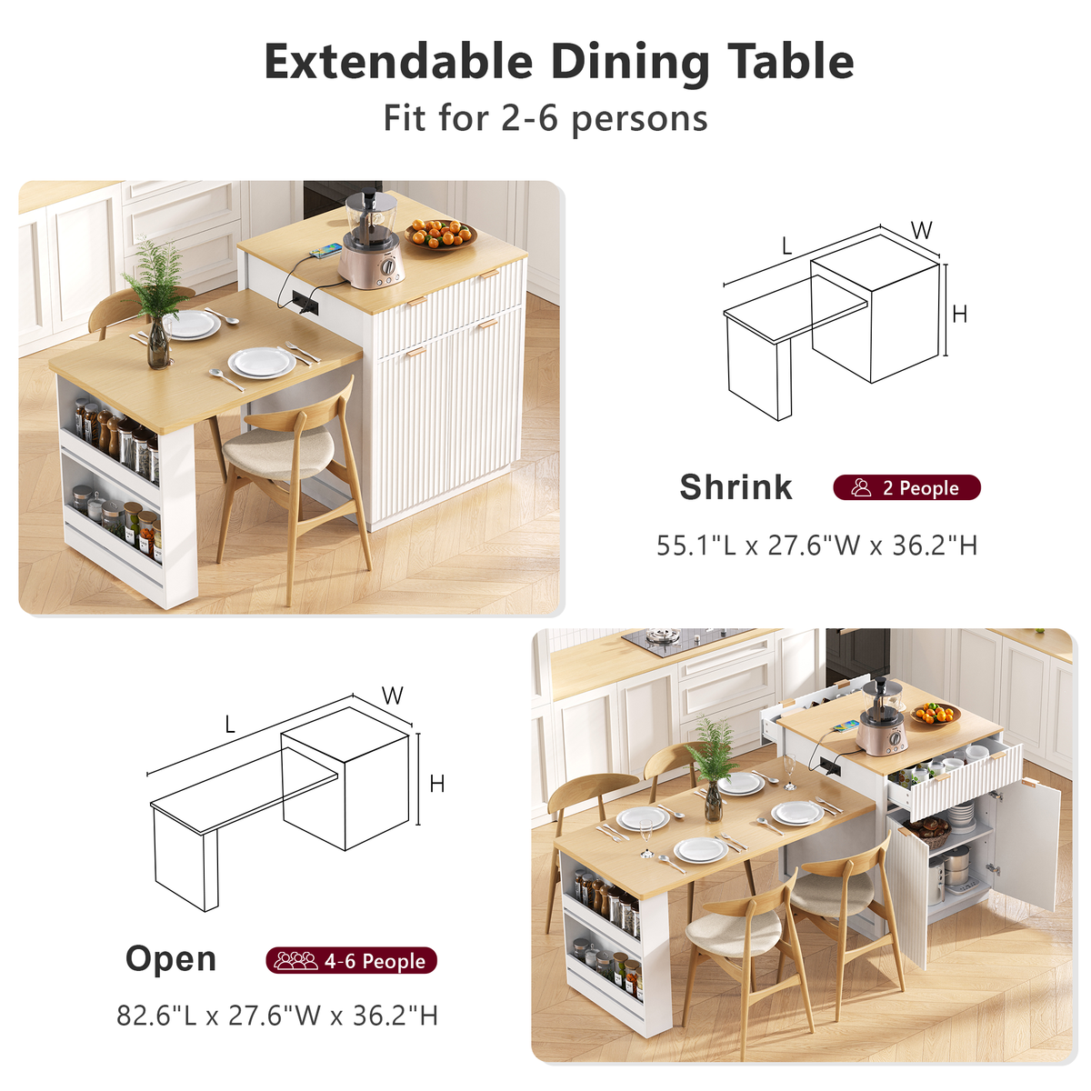 variant-group:rf-n707s000018w|Roomfitters 82.6" Fluted Kitchen Island with 51" Extendable Dining Table for 4-6, Power Outlet, White