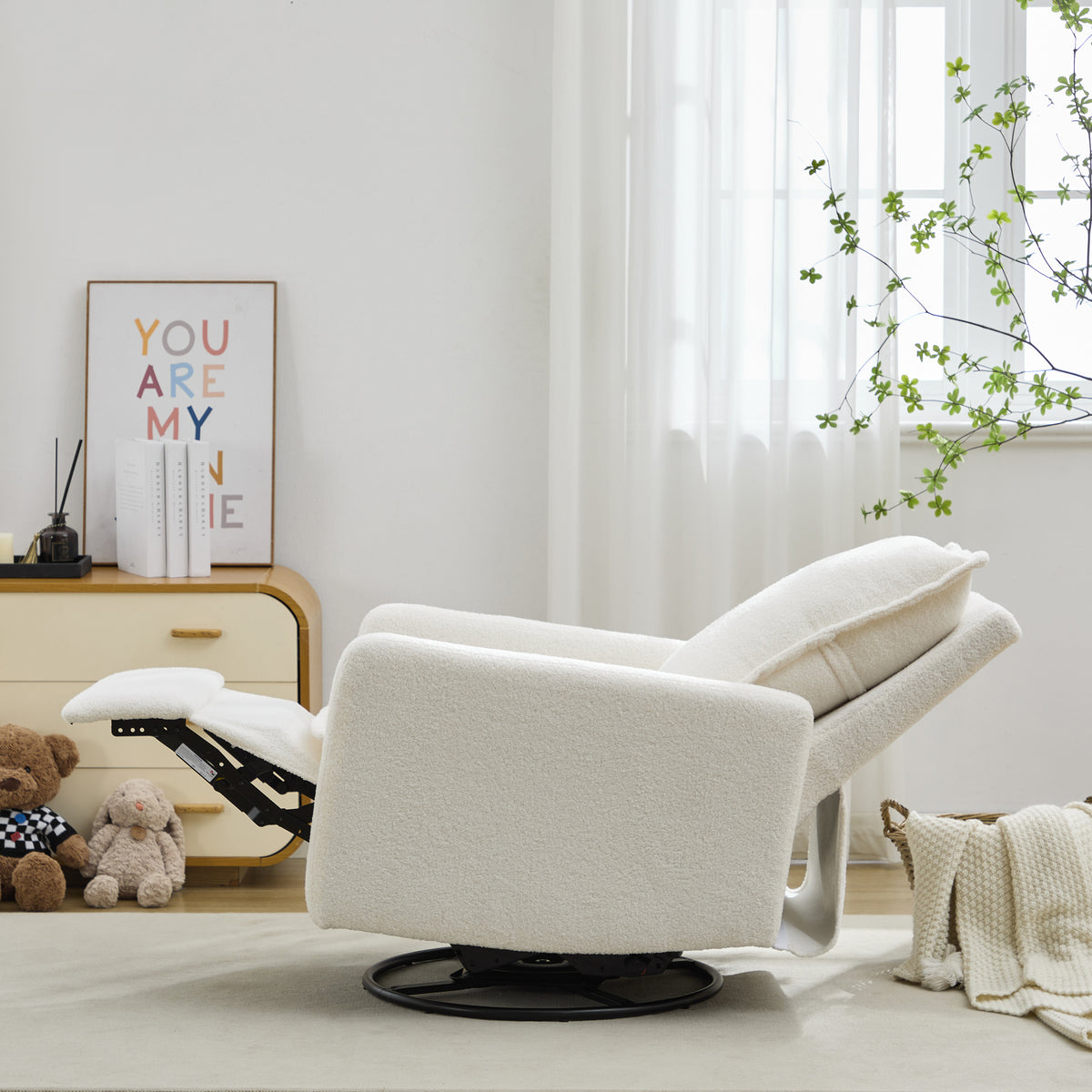 variant-group:rf-n701p348238k|Roomfitters Swivel Rocker Recliner Chair, Glider Rocking Armchair, Teddy Fleece Nursery Reclining Lounge Accent Chair, White
