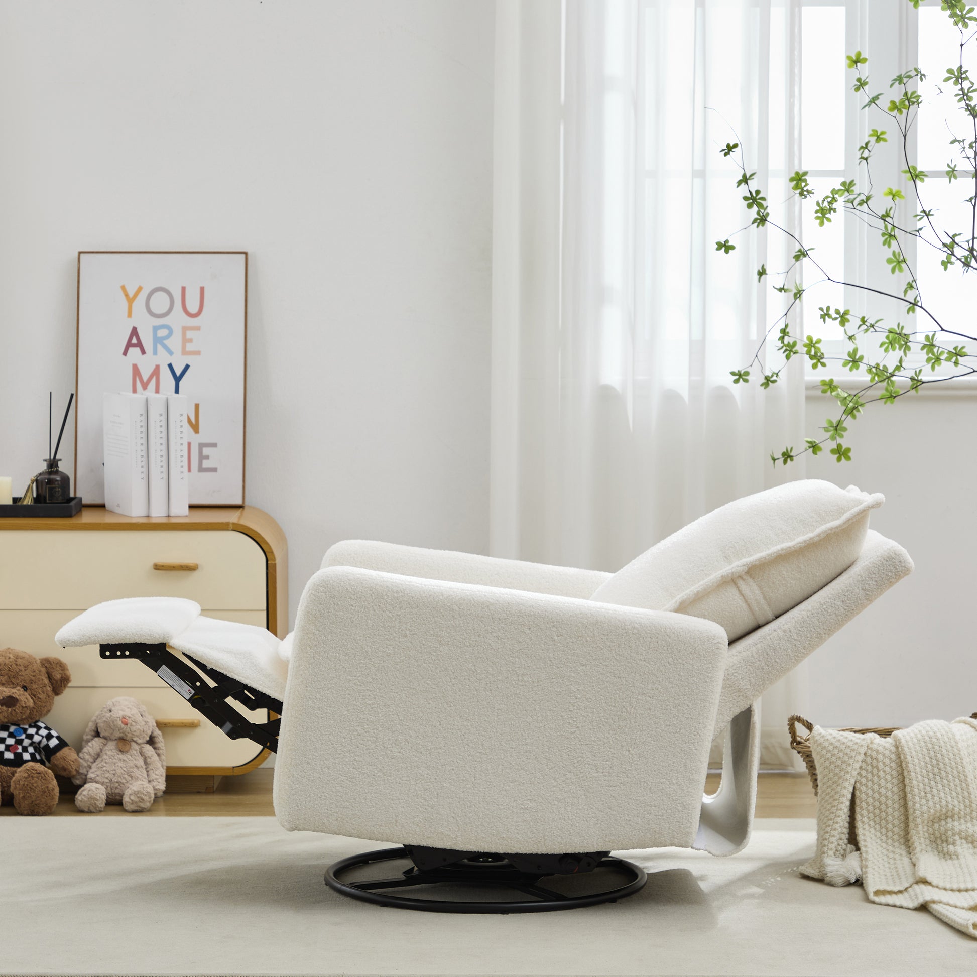 variant-group:rf-n701p348238k|Roomfitters Swivel Rocker Recliner Chair, Glider Rocking Armchair, Teddy Fleece Nursery Reclining Lounge Accent Chair, White