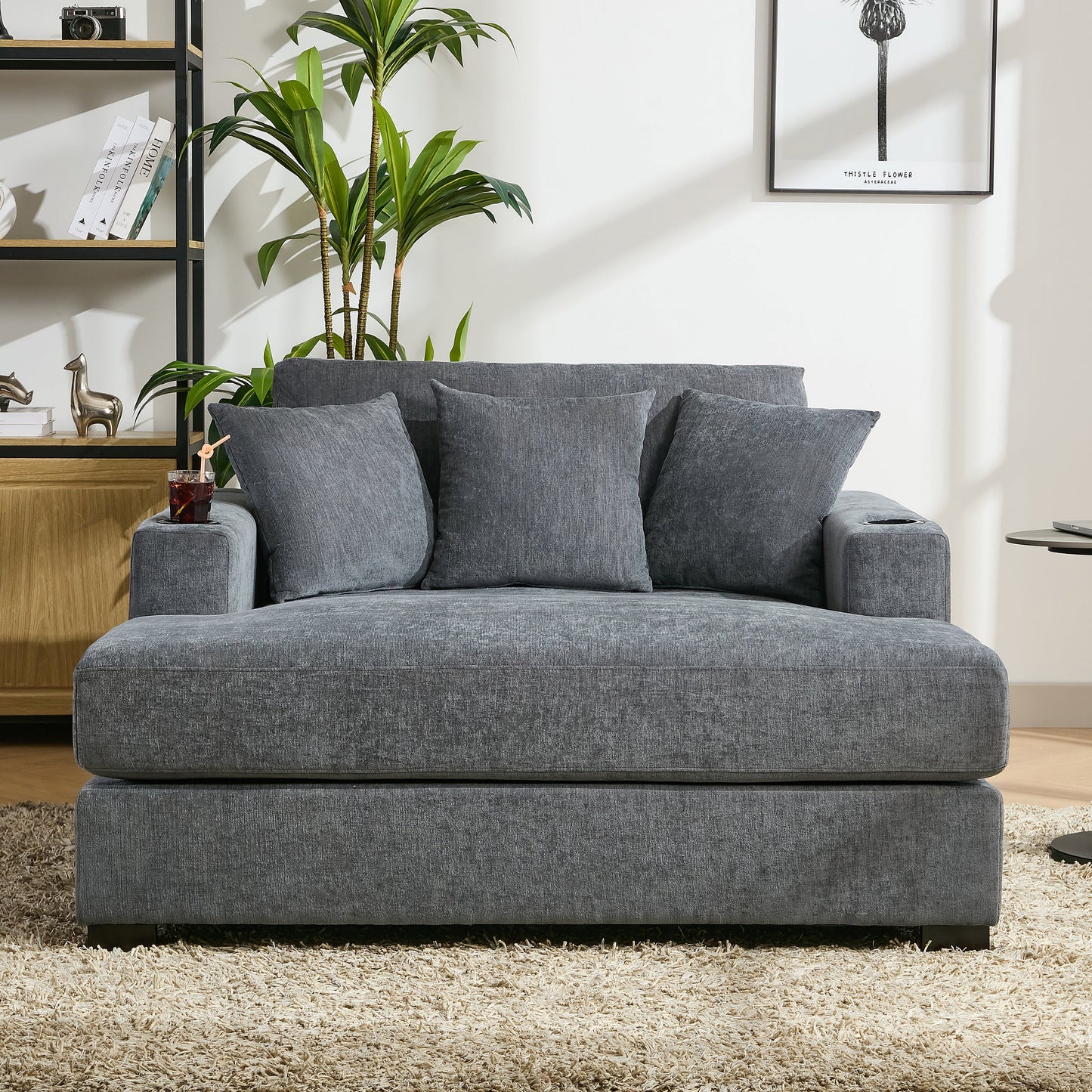 Roomfitters Oversized Chaise Lounger Sofa Couch, Upholstered Accent Chair Charge Station Cup Holders, Blue Gray