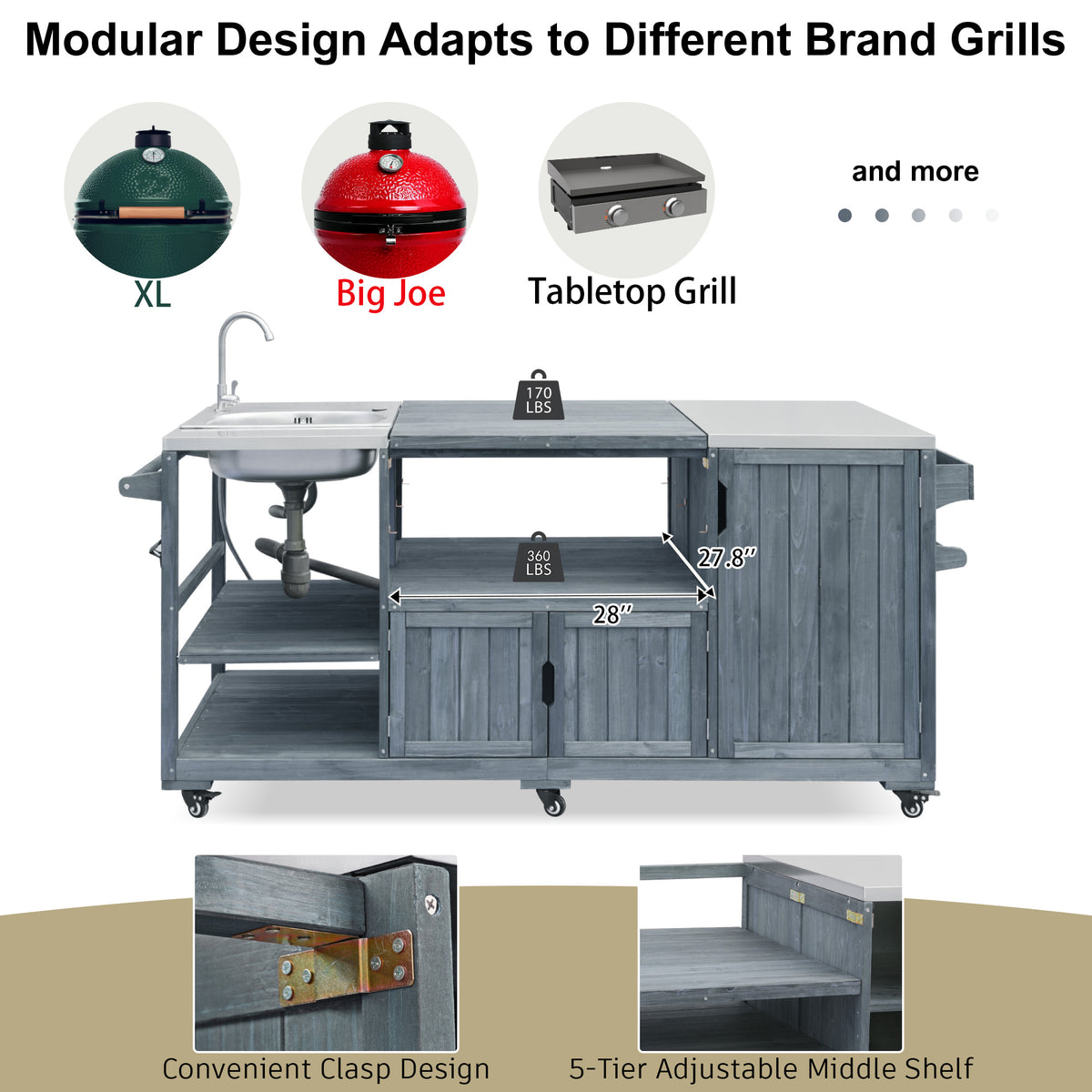 variant-group:rf-n707s000022g|Roomfitters 75.4" Outdoor Kitchen Island with Sink, Fir Wood Grill Cart for XL Green Egg & Tabletop Grills, Grey Blue