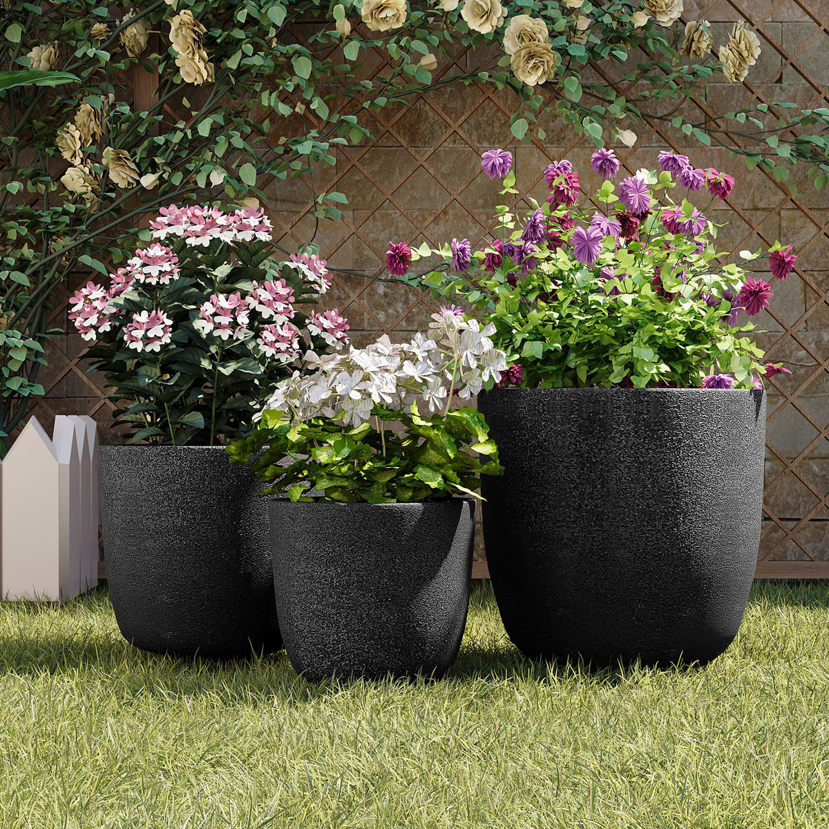 variant-group:rf-n711p406670b|Roomfitters Lightweight Matte Textured MGO Planter Set, 3-Piece Graduated Flower Pots, Black Concrete-Look Stackable