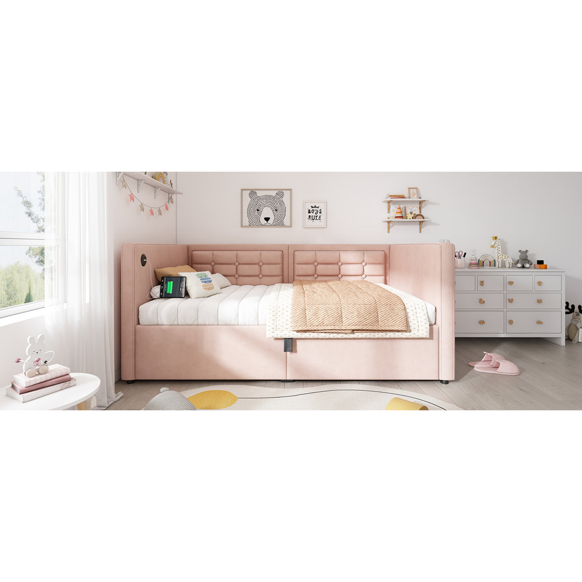 variant-group:rf-n736p303402p|Roomfitters Upholstered Twin Size Daybed with Storage, USB & Type-C Charging, Tufted Sofa Back, Velvet Pink