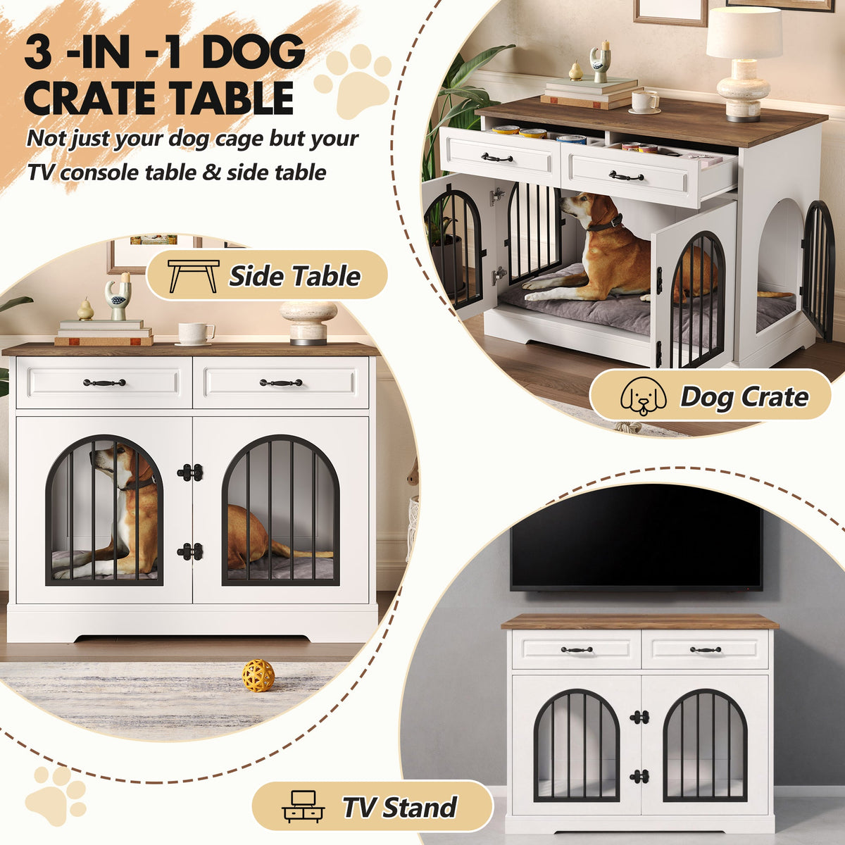 Roomfitters 43-Inch Heavy Duty Indoor Dog Crate Furniture End Table with Escape Proof Arched Doors White Brown Roomfitters
