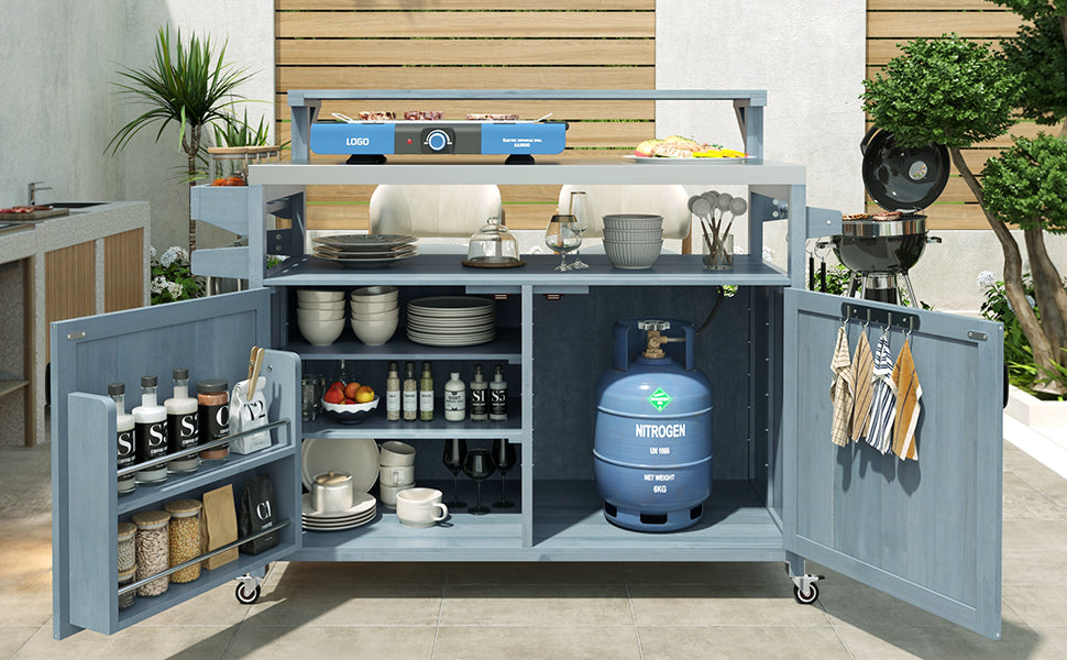 variant-group:rf-n707p250628g|Roomfitters 53.3" Outdoor Kitchen Island with Raised Shelf, Wood Storage Cabinet, Stainless Steel Top, Rolling Grill Cart, Grey Blue