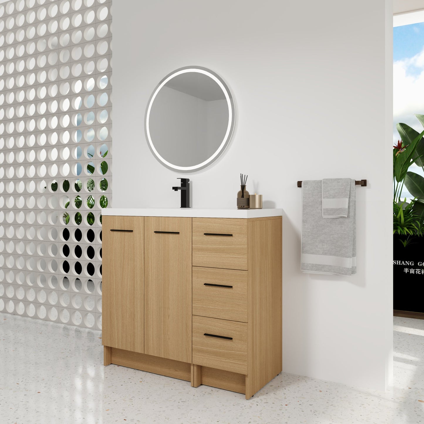 36" Modular Freestanding Bathroom Vanity with 36" Resin Sink Top, Light Oak, 2-Piece Cabinet (24" 2-Door + 12" 3-Drawer), KD Cabinet, Includes Black & Brushed Aluminum Handles Roomfitters