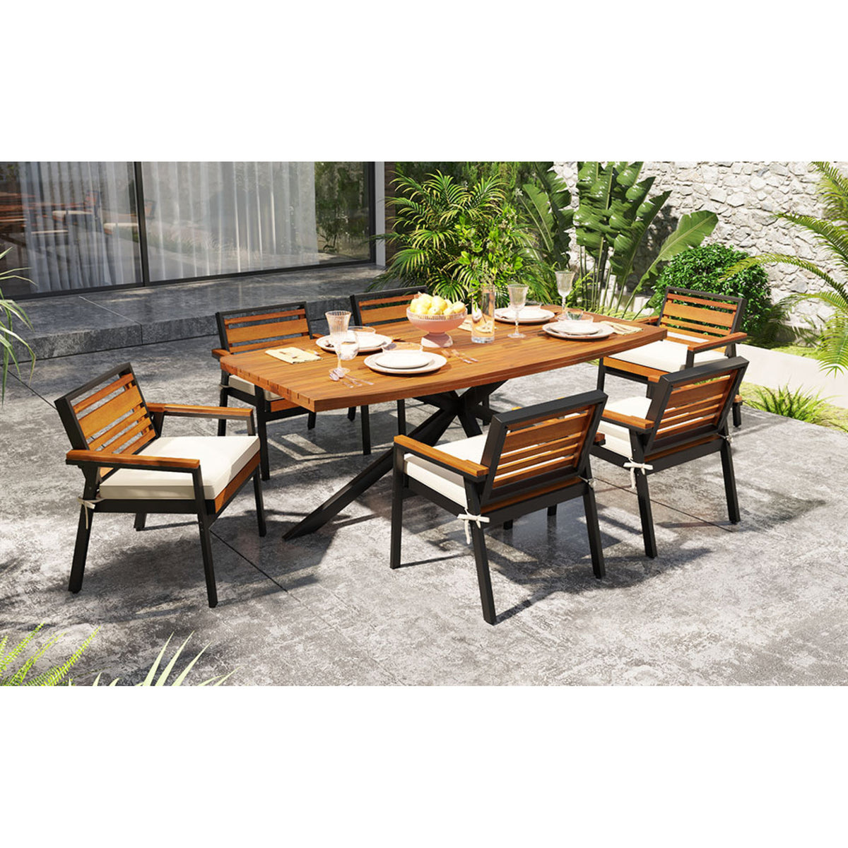 variant-group:rf-n704g201259a|Roomfitters Modern 7-Piece Patio Dining Set with Powder-Coated Iron Frame and Detachable Beige Cushions
