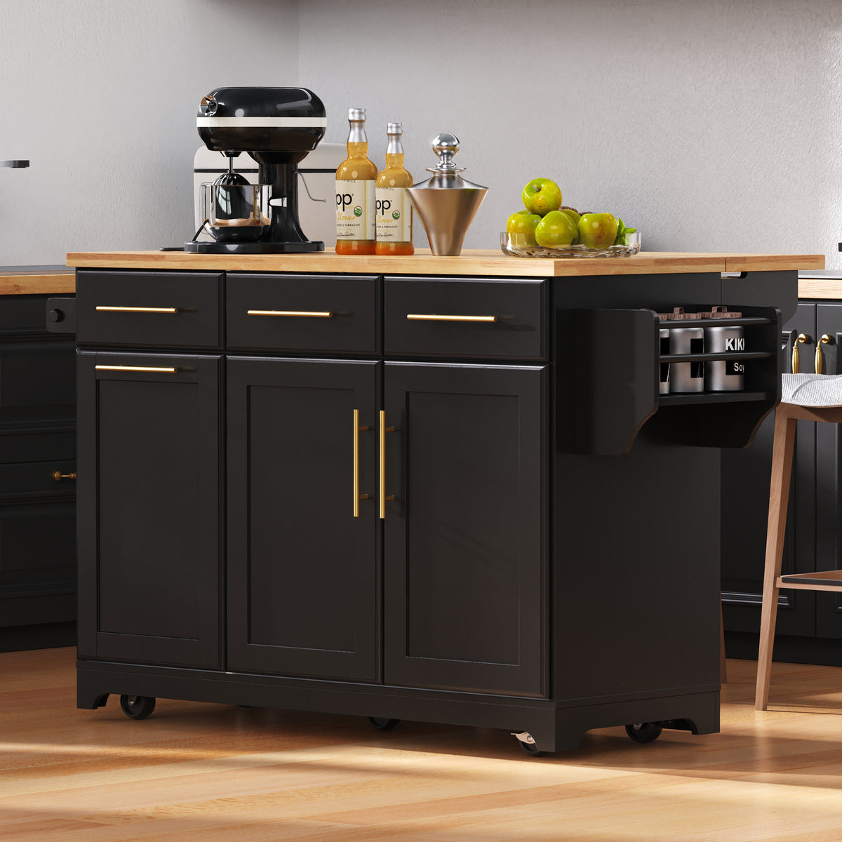 variant-group:rf-n707s299014b|Roomfitters 59.3" Kitchen Island with Power Outlet, Drop Leaf and Double Trash Can Pull Out, Rolling Cart, Black