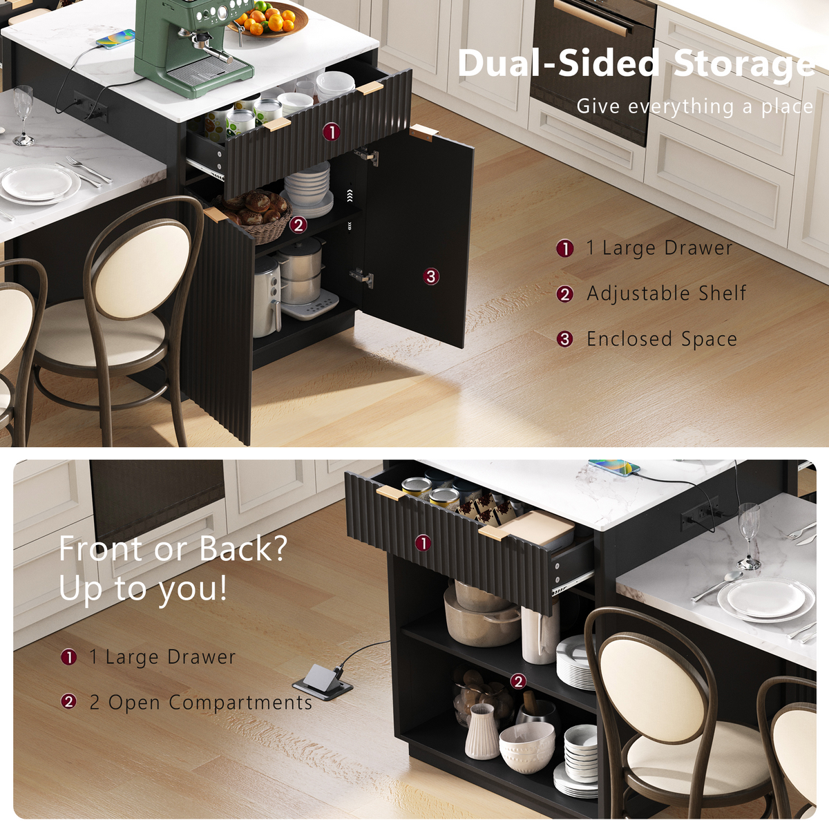 variant-group:rf-n707s000018b|Roomfitters 82.6" Fluted Kitchen Island with 51" Extendable Dining Table for 4-6, Power Outlet, Black