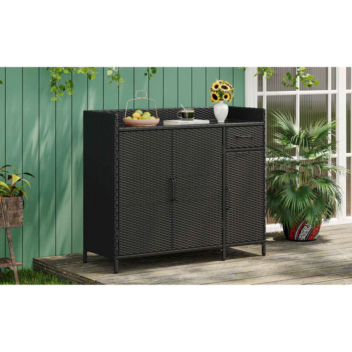 variant-group:rf-n707p233745b|Roomfitters 47.5" Wicker Outdoor Storage Cabinet, Rattan Bar Table with Glass Top, Adjustable Shelf, 3 Doors, Black Brown