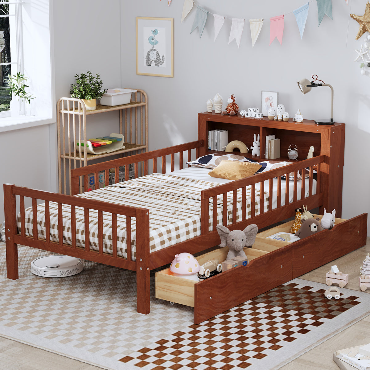 variant-group:rf-n733p272374d|Roomfitters Twin Bed with Headboard Storage Rack, Under-Bed Storage and Three-Side Guardrails, Walnut