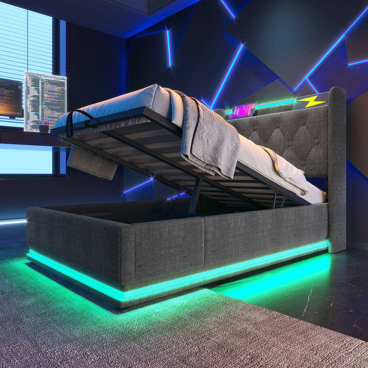 variant-group:rf-n736p188805g|Roomfitters Twin Size Upholstered Storage Bed with USB Type-C Charging and Remote Control, Linen Gray