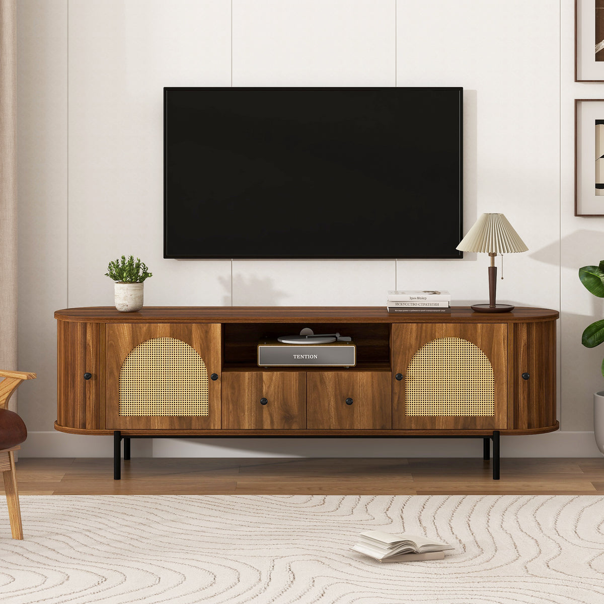 variant-group:rf-n724p437189m|Roomfitters American Style TV Stand with Rattan Arched Doors, Steel Legs, Antique Brown