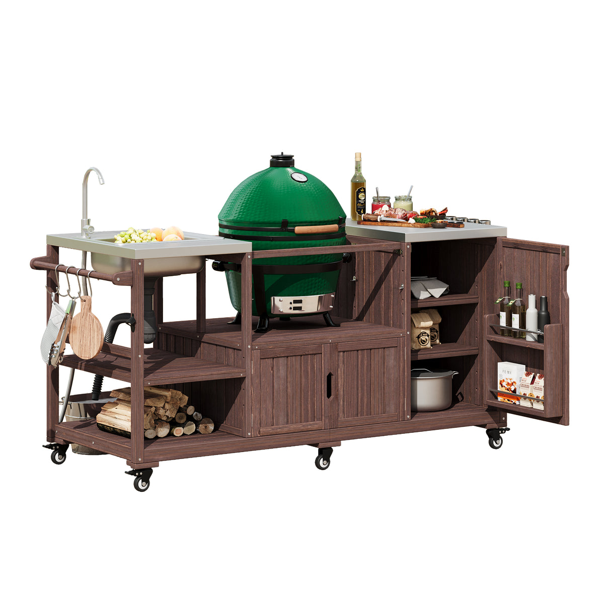 variant-group:rf-n707s000022z|Roomfitters 75.4" Outdoor Kitchen Island with Sink, Fir Wood Grill Cart for XL Green Egg & Tabletop Grills, Brown