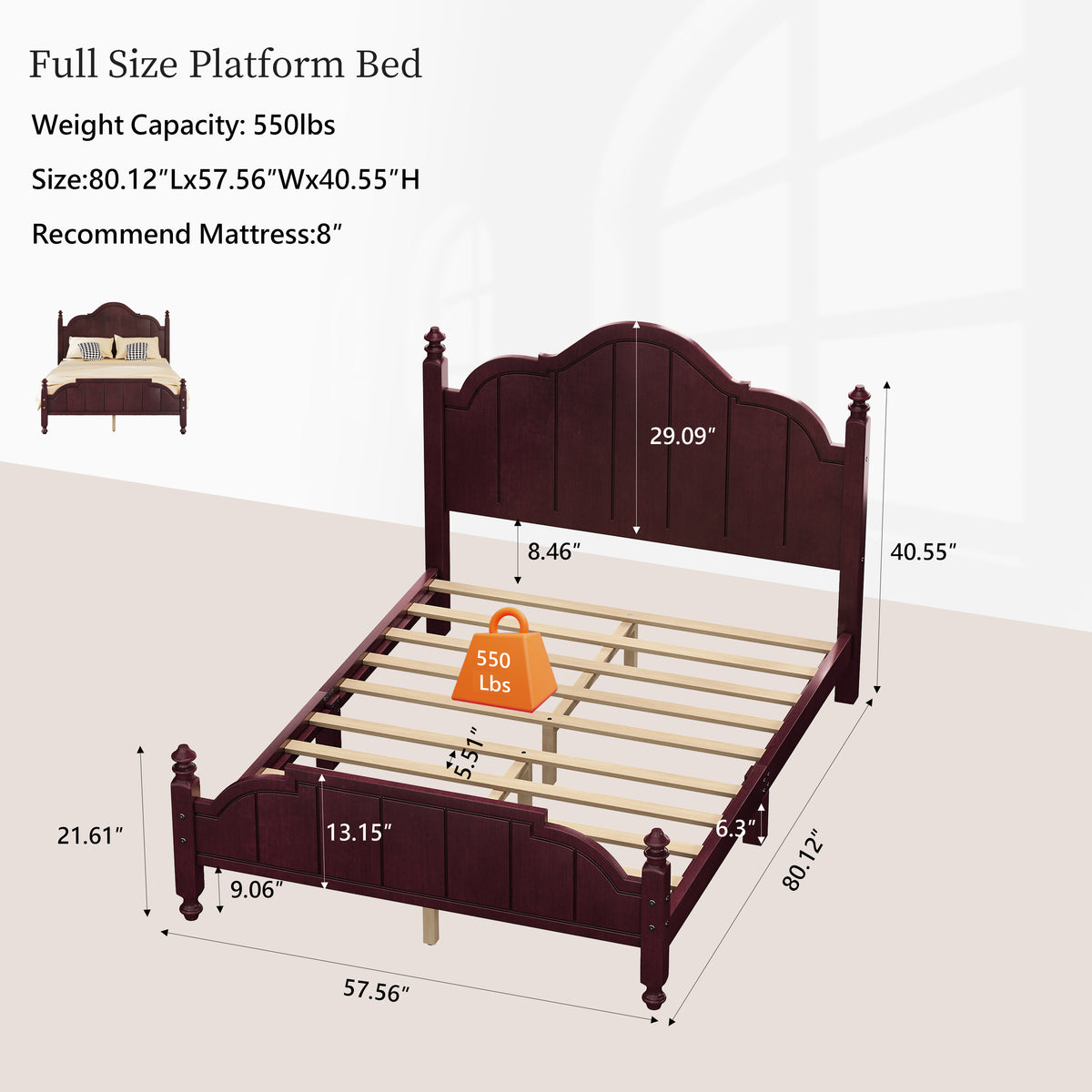 variant-group:rf-n733p360927p|Roomfitters Full Wood Platform Bed Frame with Curved Headboard, Vintage Style Slat Support, No Box Spring Required, Espresso