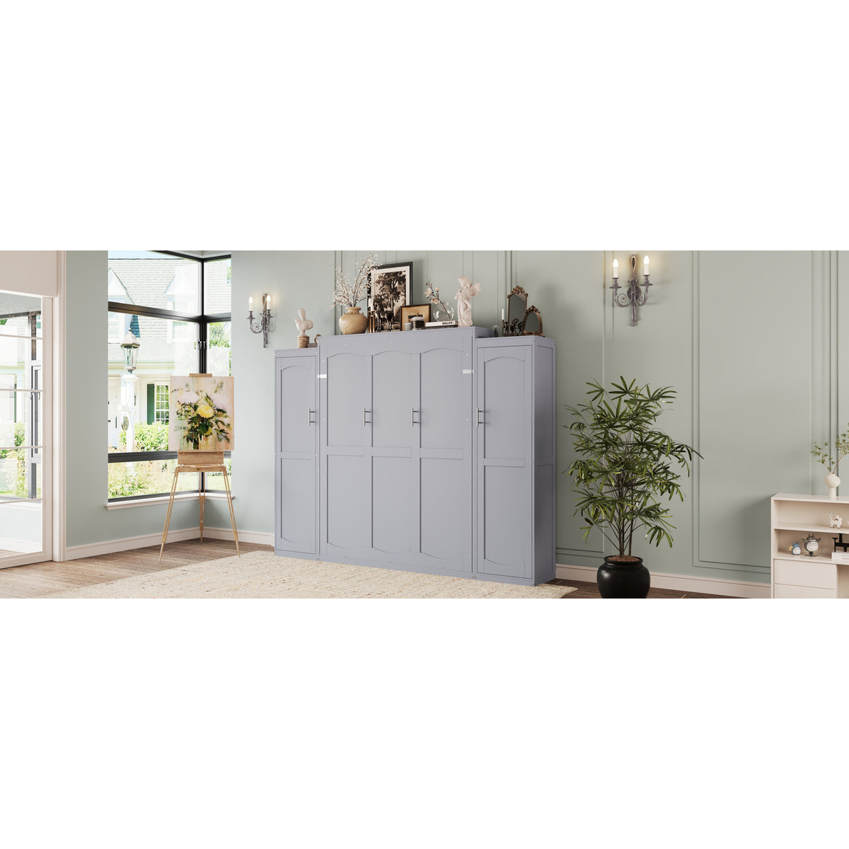 variant-group:rf-n733s235596e|Roomfitters Full Murphy Wall Bed with Two Wardrobes and Storage Shelf, Foldable Platform Bed Frame for Guest Room, Gray