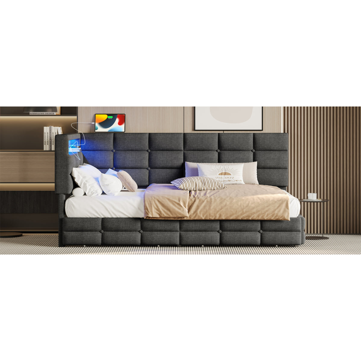 variant-group:rf-n733p285121e|Roomfitters Upholstered Twin Size Daybed with Storage Drawers and Charging Station, Bed Frame with Storage Headboard, No Box Spring Needed, Gray